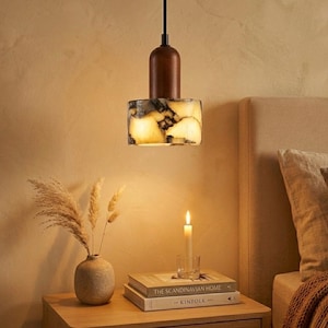 Hanglamp van marmer en hout, Wabi Sabi Japandi plafondlamp, minimalistische hanglamp, hanglamp naast het bed, keukenlamp boven het kookeiland, eetkamerlamp