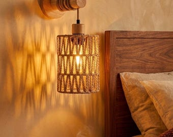 Aplique de pared de ratán y madera - Lámpara de estilo bohemio con tejido natural para el dormitorio