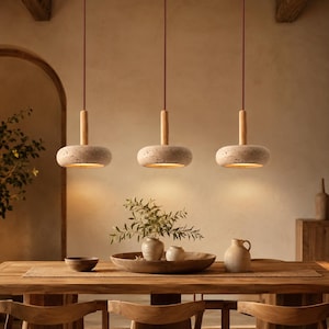 Wabi Sabi Travertin Hanglamp, Natuurstenen Hanglamp, Japandi Houten Plafondlamp voor Eetkamer, Slaapkamer