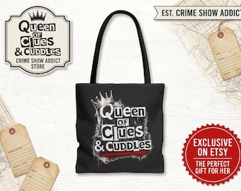 Queen of Clues and Cuddles Black Canvas Tote Bag | True Crime Gift | Funny Mystery Lover Bag | Crime Queen Tote | True Crime Fan Gift