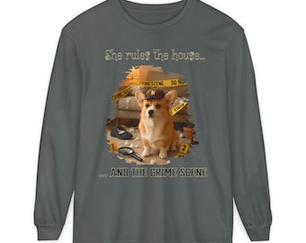 Corgi Crime Scene Unisex Long Sleeve T-Shirt, Funny Dog in Baseball Cap Tee, She Runs The House Apparel, Cute Pet Lover Gift, Casual Cotton
