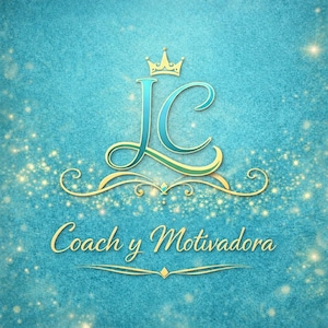 Puede incluir: Un logotipo turquesa y dorado con las iniciales "JC" y una corona. El texto "Coach y Motivadora" está escrito en escritura dorada debajo. El fondo es turquesa texturizado con acentos brillantes.