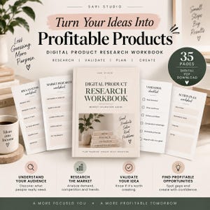 May include: A 35-page digital product research workbook by Sari Studio featuring a central guide, worksheets for idea analysis, market research, validation checklists, and action plans. The design uses a neutral color palette with black text.