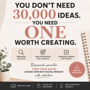 Może przedstawiać: Cyfrowy przewodnik produktowy z tekstem: YOU DON'T NEED 30,000 IDEAS. YOU NEED ONE WORTH CREATING. Zawiera ikony badań, znajdowania niszy i tworzenia oraz tekst: Research smarter. FIND YOUR NICHE. CHOOSE YOUR NEXT DIGITAL PRODUCT with intention.