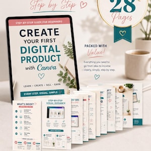 May include: A guide to creating, selling, and earning, focusing on digital products. The image shows a tablet displaying "Create Your First Digital Product with Canva," alongside a stack of 28-page guides and a coffee cup.