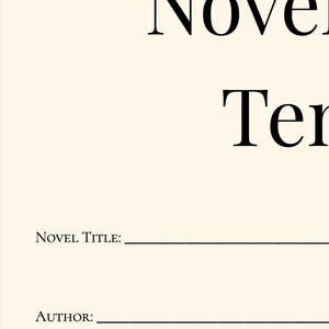 May include: Cream-colored book template with the words "Novel Terms" in a serif font. Below, there are lines for "Novel Title:", "Author:", and "Genre:" in a simple, elegant design. Ideal for authors and book lovers.