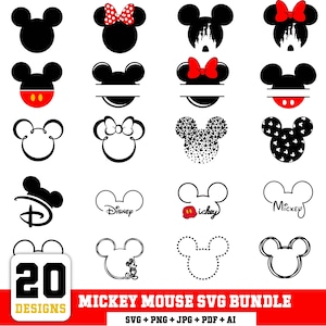 May include: A collection of 20 Mickey Mouse SVG designs in black, red, and white. The designs include Mickey Mouse heads, bows, and the Disney logo. The text "MICKEY MOUSE SVG BUNDLE" is also present.