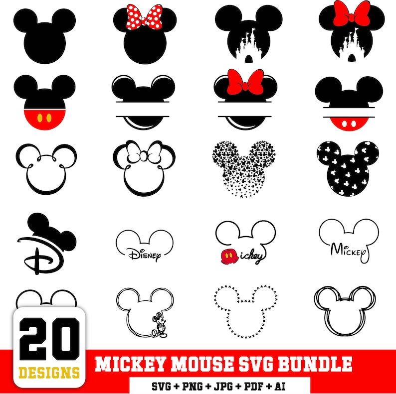 Puede incluir: Una colecci&oacute;n de 20 dise&ntilde;os SVG de Mickey Mouse en negro, rojo y blanco. Los dise&ntilde;os incluyen cabezas de Mickey Mouse, lazos y el logotipo de Disney. Tambi&eacute;n est&aacute; presente el texto "MICKEY MOUSE SVG BUNDLE".