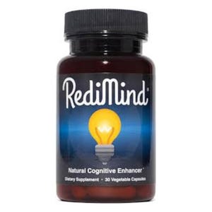 K&ouml;nnte beinhalten: Eine braune Flasche mit schwarzem Deckel, beschriftet mit "RediMind". Das Etikett zeigt eine gelbe Gl&uuml;hbirne und den Text "Natural Cognitive Enhancer" und "Dietary Supplement - 30 Vegetable Capsules".
