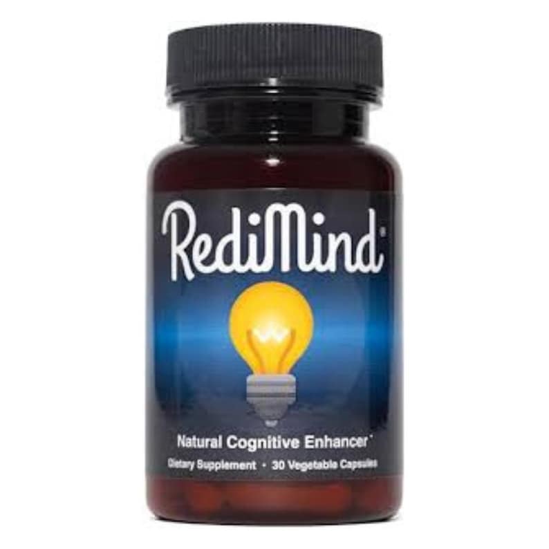 K&ouml;nnte beinhalten: Eine braune Flasche mit schwarzem Deckel, beschriftet mit "RediMind". Das Etikett zeigt eine gelbe Gl&uuml;hbirne und den Text "Natural Cognitive Enhancer" und "Dietary Supplement - 30 Vegetable Capsules".