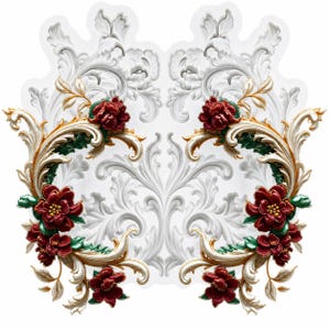 May include: Ornate white decorative molding with symmetrical floral and scrollwork design. Accented with gold and green details, and clusters of deep red flowers. Ideal for home decor and craft projects.