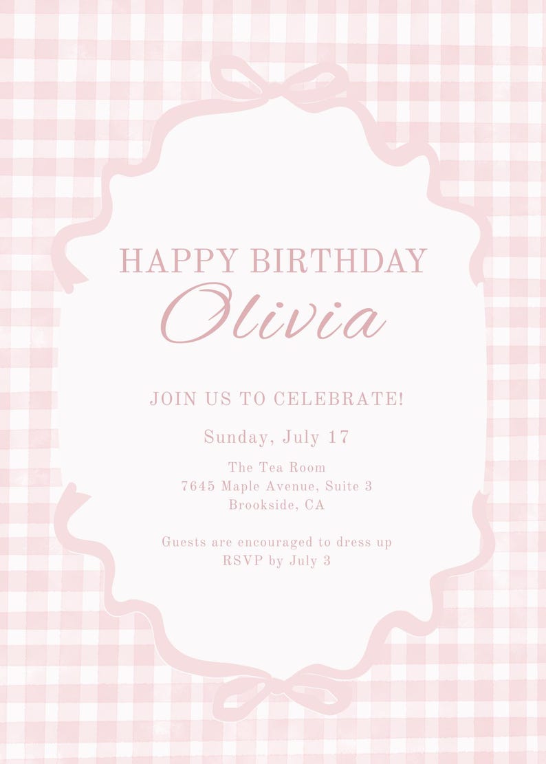 Pink Gingham Birthday Invitation Template | Editable Girl Birthday ...