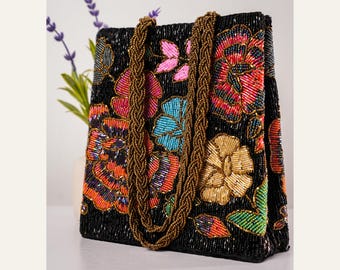 Borsa tote floreale con perline, borsa a mano boho colorata fatta a mano, borsa a tracolla ricamata