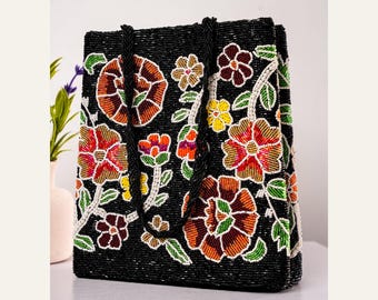 Borsa tote con ricami floreali, tracolla in tessuto nero, borsa tote artigianale per tutti i giorni