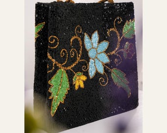 Borsa a mano ricamata con fiori e perline, pochette nera da sera a tracolla, borsa da sposa artigianale