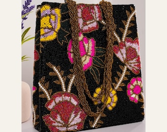 Borsa tote floreale con perline colorate, borsa a tracolla ricamata, borsetta da sera boho, borsa artigianale di tendenza