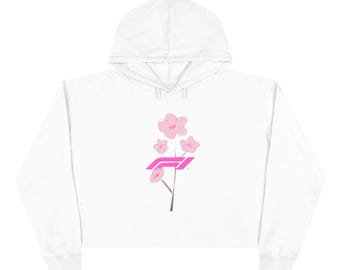 Pink Cherry Blossom Stem Crop Hoodie | Floral Minimalist Streetwear