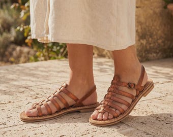 Bronze Metallic Leather Sandals for Women, Handmade Gladiator Sandals, Genuine Leather Flat Summer Sandals, Greek Sandals, Vacation Shoes