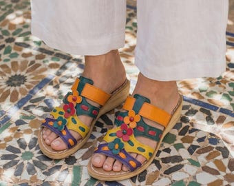 Colorful Handmade Leather Sandals for Women, Floral Slide Sandals, Genuine Leather Summer Slides, Boho Flat Sandals, Moroccan Sandals