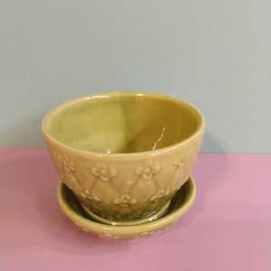 Puede incluir: Un juego de cuenco y platillo de cerámica amarillo claro. El cuenco tiene forma redondeada y está decorado con un motivo floral repetido. El platillo es una pieza más pequeña y a juego. El conjunto está sobre una superficie rosa con un fondo azul claro.