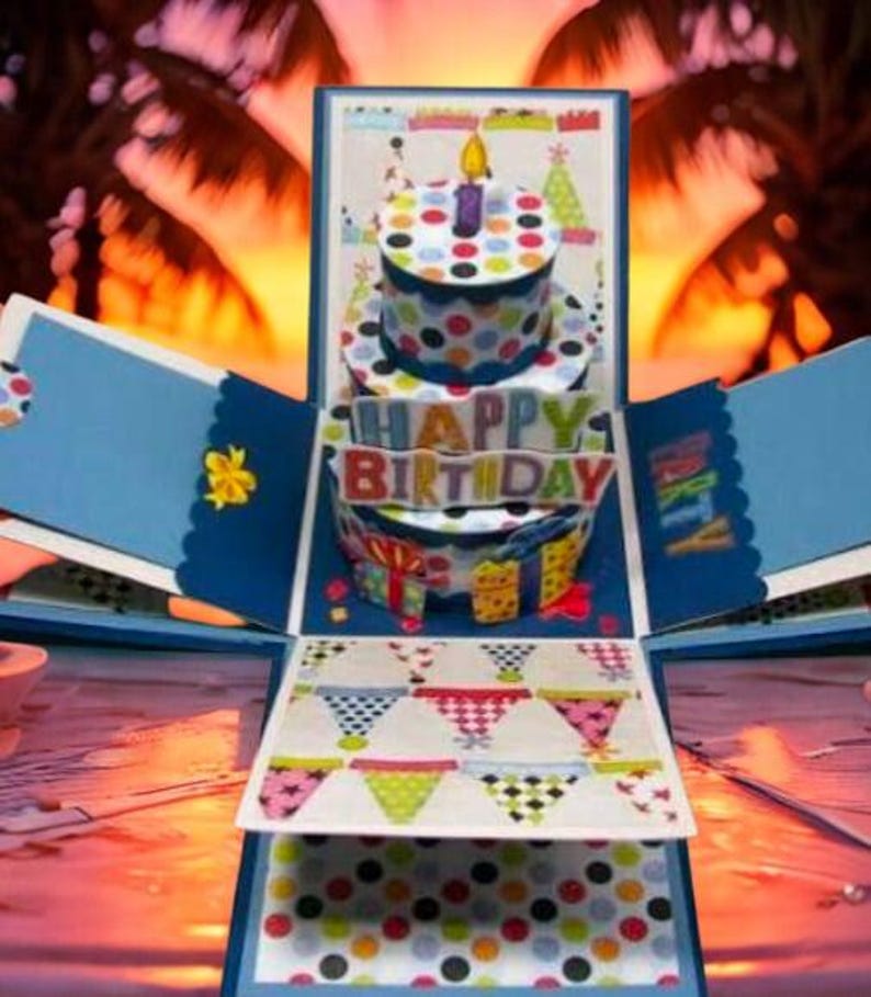 Op de afbeelding: Een pop-up verjaardagskaart met een drielaagse taart met kleurrijke stippen en een brandende kaars. De kaart heeft blauwe panelen en de woorden "Happy Birthday" worden weergegeven. De kaart is versierd met cadeauverpakkingen en andere feestelijke elementen.
