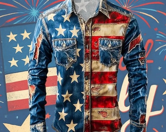 Camisa vaquera para hombre con la bandera estadounidense, camisa patriótica con botones, camisa vaquera desgastada con la bandera de EE. UU., camisa para el 4 de julio para hombre