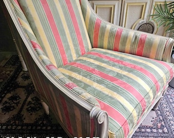 Vintage Hickory Chair French-Style Armchair | Cream Painted Frame & Colorful Striped Floral Upholstery