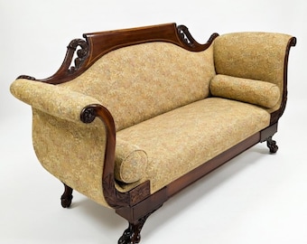 Antique Empire Mahogany Settee, Scrolled Arms, Carved Paw Feet, Floral Upholstery