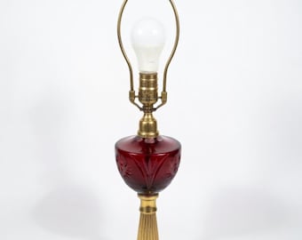 Vintage Ruby Cut-to-Clear Glass Table Lamp on Brass & Marble Base
