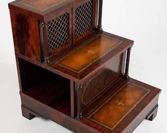Regency Style Mahogany Library Steps with Gilt-Tooled Leather and Brass Grill Cabinet