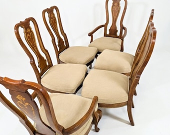 Set of 6 Vintage Queen Anne Style Dining Chairs | 2 Armchairs and 4 Side Chairs | Marquetry Inlaid Backs