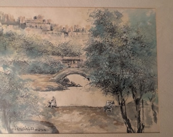 Hiroshi Honda Ink and Watercolor Landscape, Signed, Framed