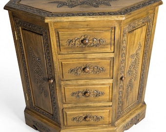 Carved Honey Oak Corner Cabinet with Peacock Panels and Four Drawers