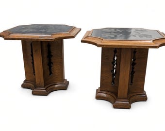 Pair of Mid-Century Octagonal Side Tables Attributed to Drexel Esperanto | Etched Slate Tops | 1960s