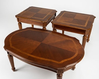 Mid Century Parquetry Coffee Table and Two End Tables, Fluted Legs