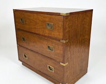 Vintage Drexel Brigade Campaign Chest of Drawers, 3 Drawer Dresser, Brass Campaign Hardware, Walnut-Tone Wood