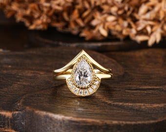 2 CT Pear Cut Moissanite Engagement Ring Set Bridal Ring With Matching V Shape Wedding Band Nature Inspired Floral Anniversary Gift For Her