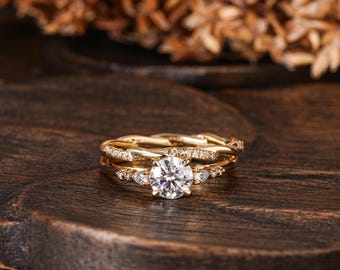 1 CT Round Cut Moissanite Engagement Ring With Twisted Band Bridal Set, Promise Floral Anniversary Ring Set Gift For Her, Wedding Ring Set