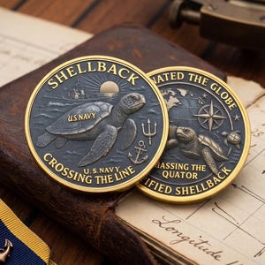 US Navy Shellback Coin, Crossing the Line Naval Collectible, Military Souvenir, Golden Plated Navy Gift for Sailors & Veterans