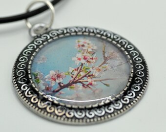 Cherry Blossoms, Pendant, Resin Pendant, Blue, Pink, White, For Her