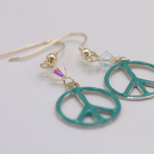 Earrings, Dangle, Peace Sign, Crystals, For Her, Boho, Hippie, Turquiose Blue