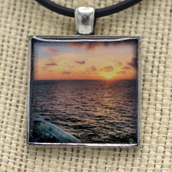 Resin Pendant, Sunset, Blue, Orange, Blue, Black, Orange 1 inch, Square, For Her