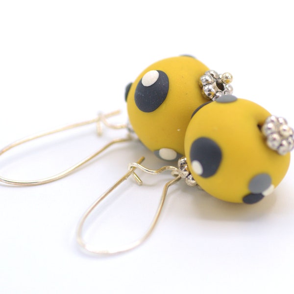 Earrings, Dangle, Yellow, Black, Dots, Polymer Clay Beads, For Her