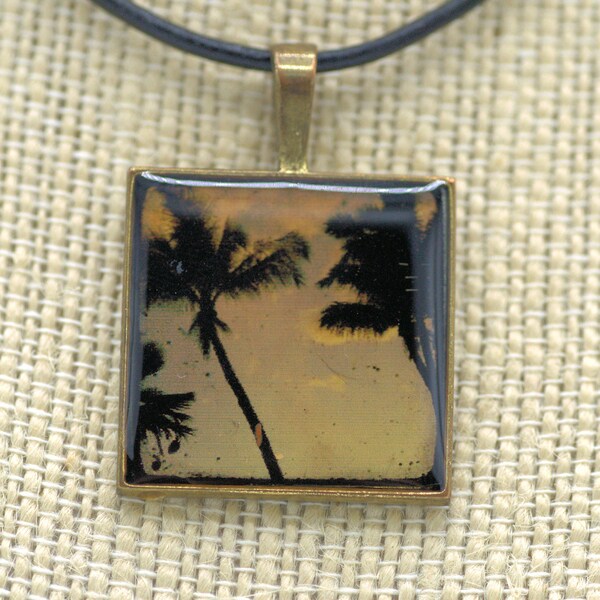 Resin Pendant, Palm Trees, Black, Brown, 1 inch, Unisex, Square