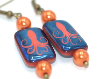 Squid Dangle Earrings, Blue and Orange Earrings, Nautical Earrings, Gifts for her