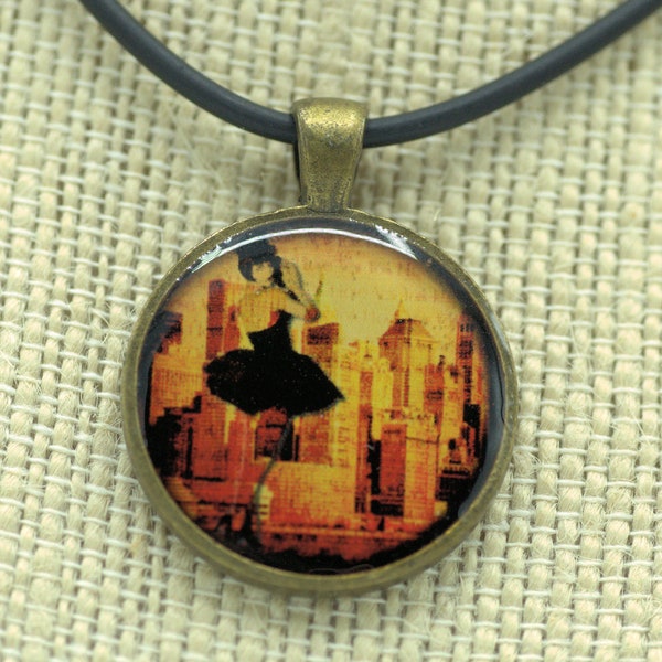 Resin Pendant, New York Skyline, Yellow, Beige, Brown, Round, 1 inch