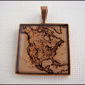 Resin Pendant, Map of North America, Vintage Inspired, Beige, Black, Rustic, 1 inch, Square, Unisex, Necklace