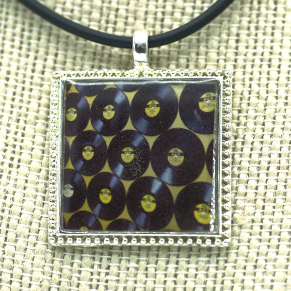 Vinly Records Resin Pendant, Black, Yellow, Unisex, Square, 1 inch, Silver