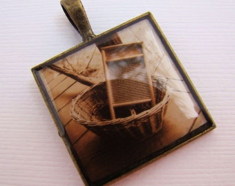 Photo Jewlelry, Resin Pendant, Vintage Washing Board, Beige, Brown, 1 inch, Square