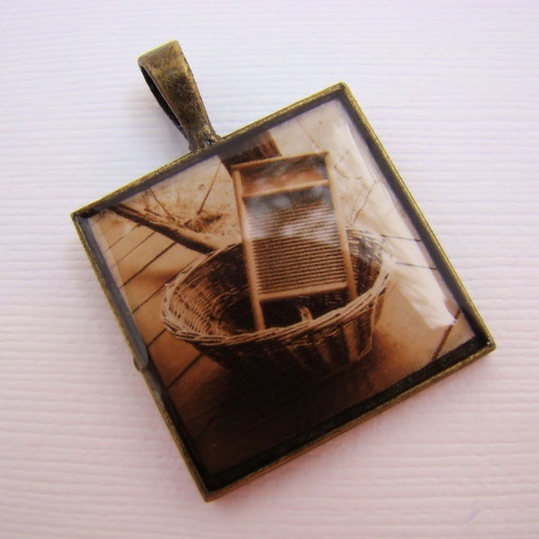 Photo Jewlelry, Resin Pendant, Vintage Washing Board, Beige, Brown, 1 inch, Square